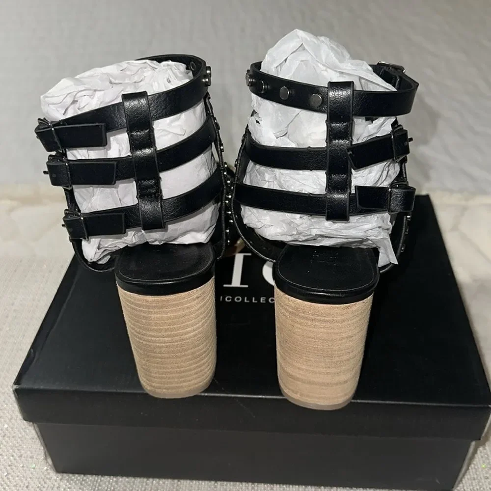 VICI 10 Celeste Black Metallic Studded Block Heel Strappy Multi Buckle Sandal - Picture 6 of 13